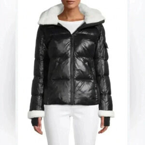 S13 Faux Shearling -Trim Down Filled Black Puffer Jacket Size Small